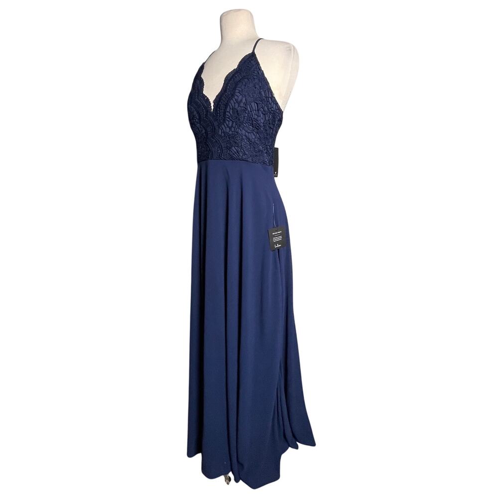NWT LULU’s Women’s Navy Blue Chiffon Lace Maxi Full Length Dress Gown - Picture 8 of 9